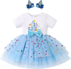 IMEKIS Toddler Birthday Girl Sparkle Confetti Ruffle Tutu Dress Dog Ears Hair Clips Outfit Cake Smash Photo Shoot 1-3T