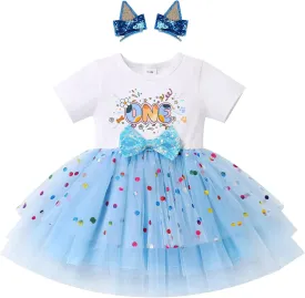 IMEKIS Toddler Birthday Girl Sparkle Confetti Ruffle Tutu Dress Dog Ears Hair Clips Outfit Cake Smash Photo Shoot 1-3T