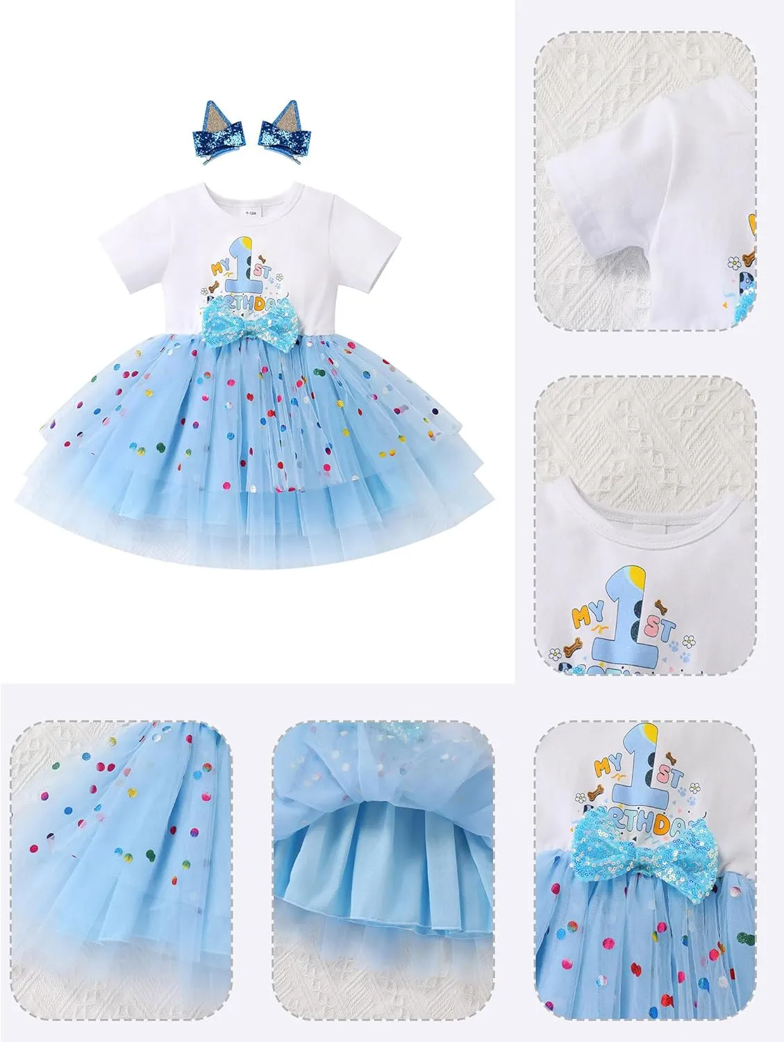 IMEKIS Toddler Birthday Girl Sparkle Confetti Ruffle Tutu Dress Dog Ears Hair Clips Outfit Cake Smash Photo Shoot 1-3T