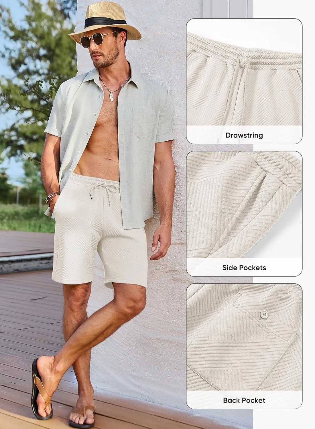 JMIERR Mens Casual 7" Shorts Summer Drawstring Elastic Waist Beach Sweat Shorts Texture with Pockets