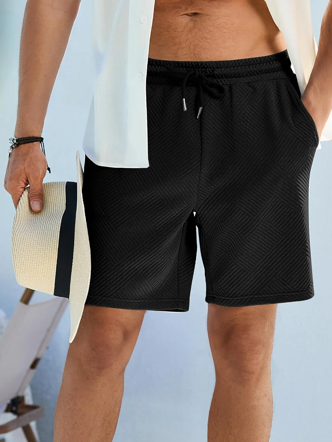 JMIERR Mens Casual 7" Shorts Summer Drawstring Elastic Waist Beach Sweat Shorts Texture with Pockets