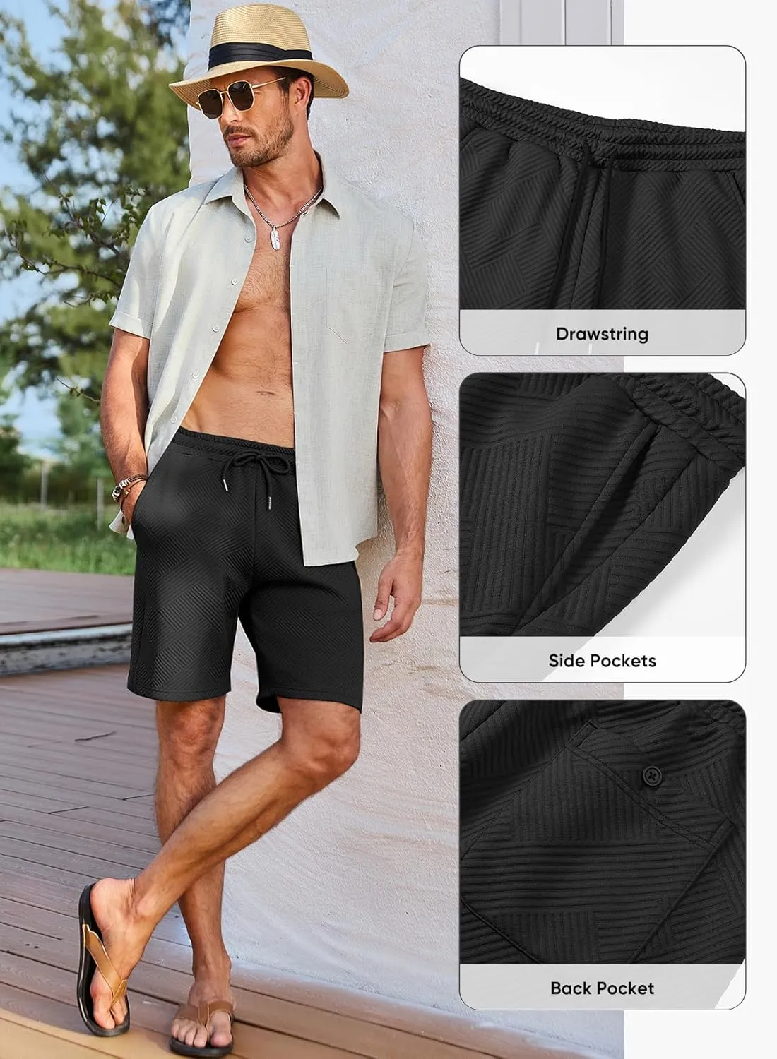 JMIERR Mens Casual 7" Shorts Summer Drawstring Elastic Waist Beach Sweat Shorts Texture with Pockets