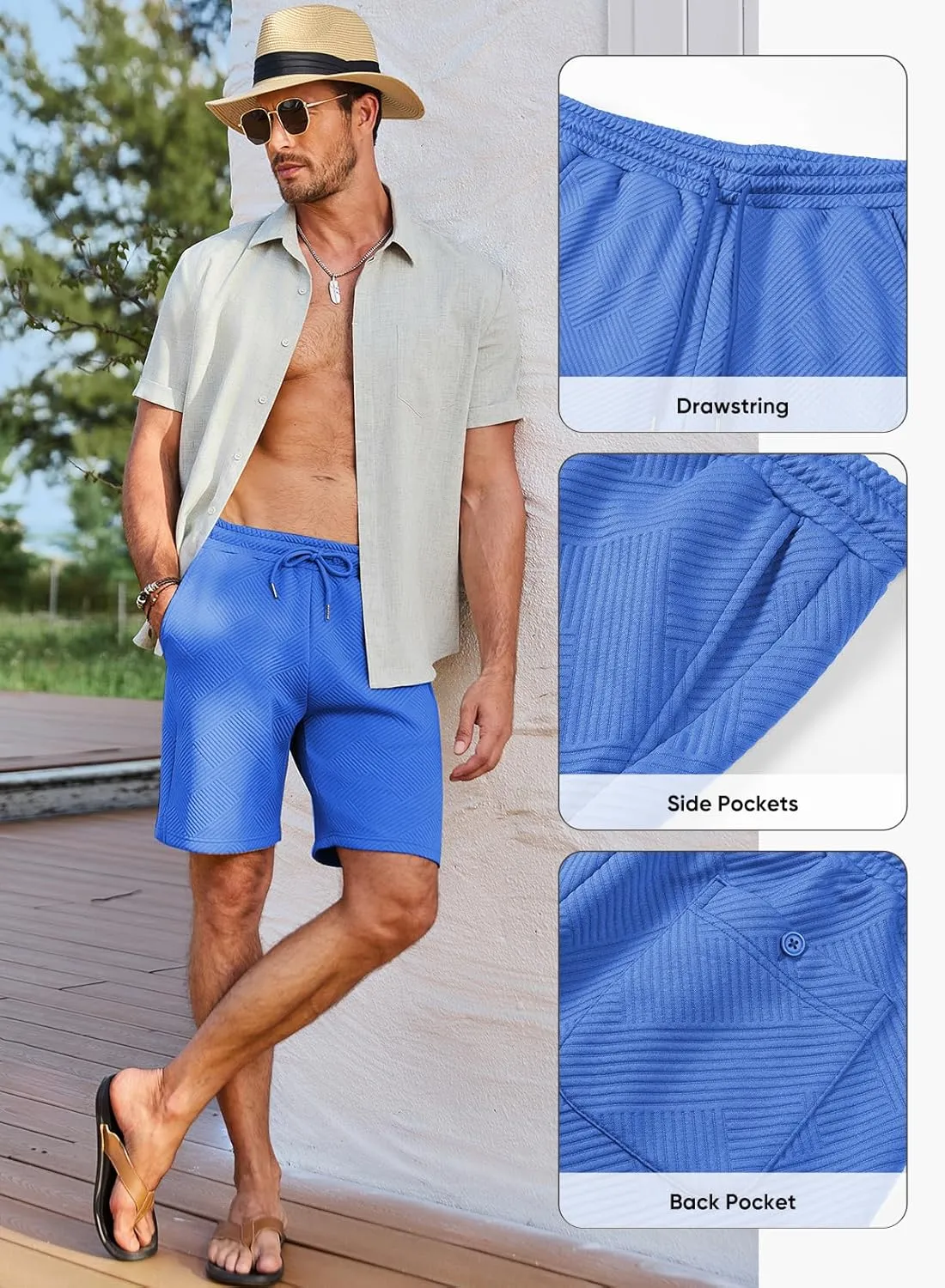 JMIERR Mens Casual 7" Shorts Summer Drawstring Elastic Waist Beach Sweat Shorts Texture with Pockets