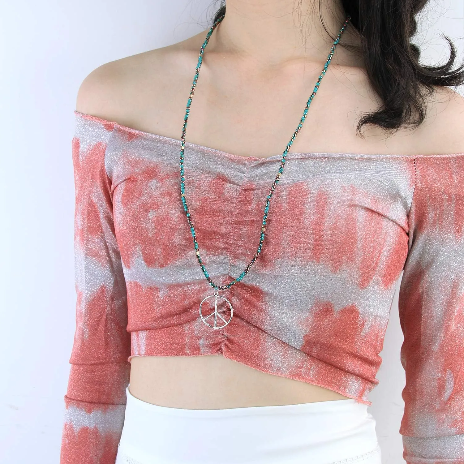KELITCH Peace Sign Necklace For Women Beaded Hand Knotted Pendant Hippie Necklace Handmade Long Chains Necklaces