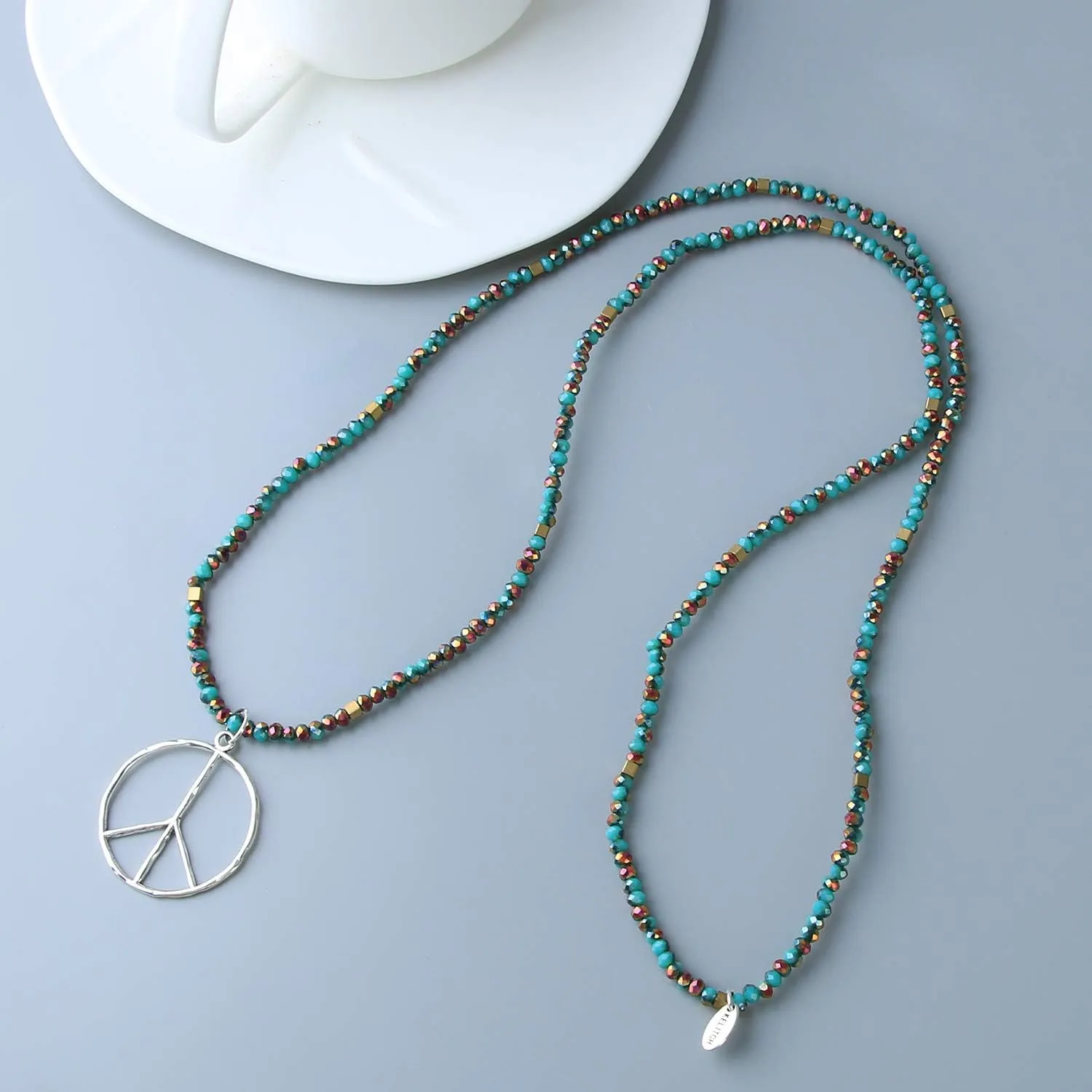 KELITCH Peace Sign Necklace For Women Beaded Hand Knotted Pendant Hippie Necklace Handmade Long Chains Necklaces