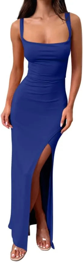 LAGSHIAN Women's Sexy Backless Square Neck Sleeveless Split Hem Tank Tops Evening Long Dresses