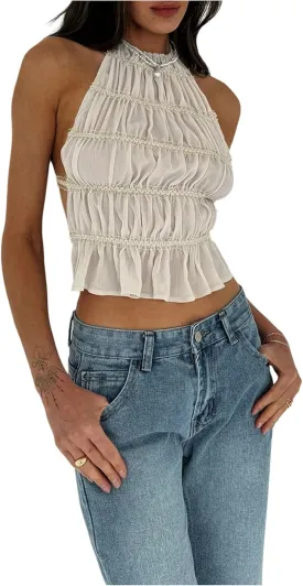 MakeMeChic Women's Ruffle Layered Halter Top Sleeveless Tie Back Y2K Crop Tops