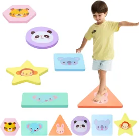 Montessori Wooden Stepping Stones for Kids Toddlers, 6pcs Non-Slip Animal Design Shapes Colorful Balance Stones Sensory Play Equipment Enhance Children's Coordination Obstacle Course