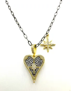 Paved Heart and North Star Necklace