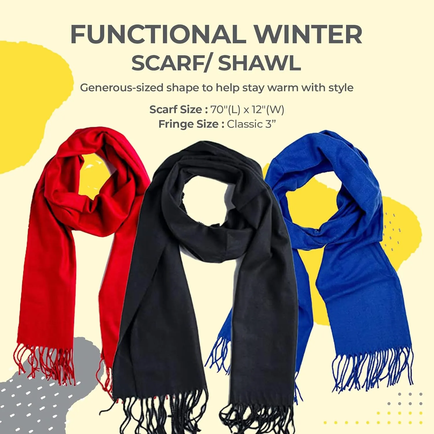 Plum Feathers Winter Scarf Shawl with Cashmere Feel - Rich Solid Colors Winter Scarves and Wraps 72" x 12"