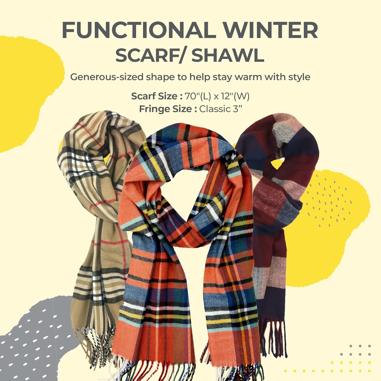 Plum Feathers Winter Scarf Shawl with Cashmere Feel - Rich Solid Colors Winter Scarves and Wraps 72" x 12"