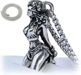 Silver Plating Suffering Goddess Pendant Necklace For Men, Vintage Pearl Chain Bound Goddess Pendant Amulet Statement Religious Jewelry
