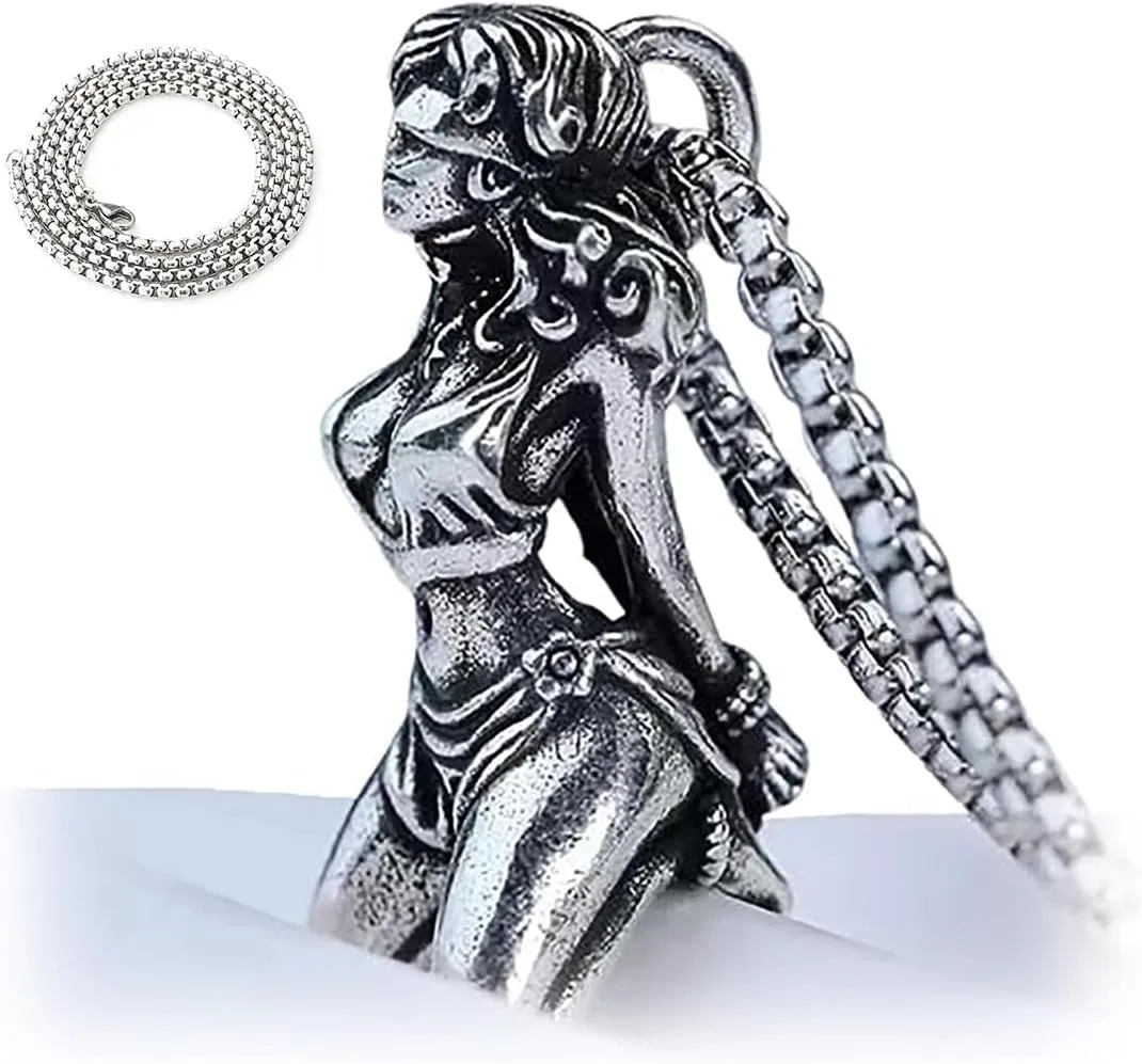 Silver Plating Suffering Goddess Pendant Necklace For Men, Vintage Pearl Chain Bound Goddess Pendant Amulet Statement Religious Jewelry