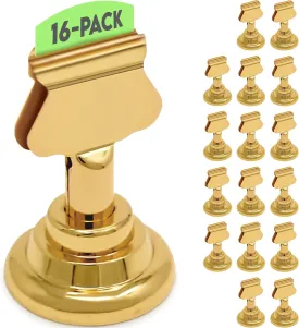 Table Number Holders (16pc) Premium Gold Metal Place Card Holders for Wedding Party Table Decor Picture Photo Holder (1.7 inch tall)