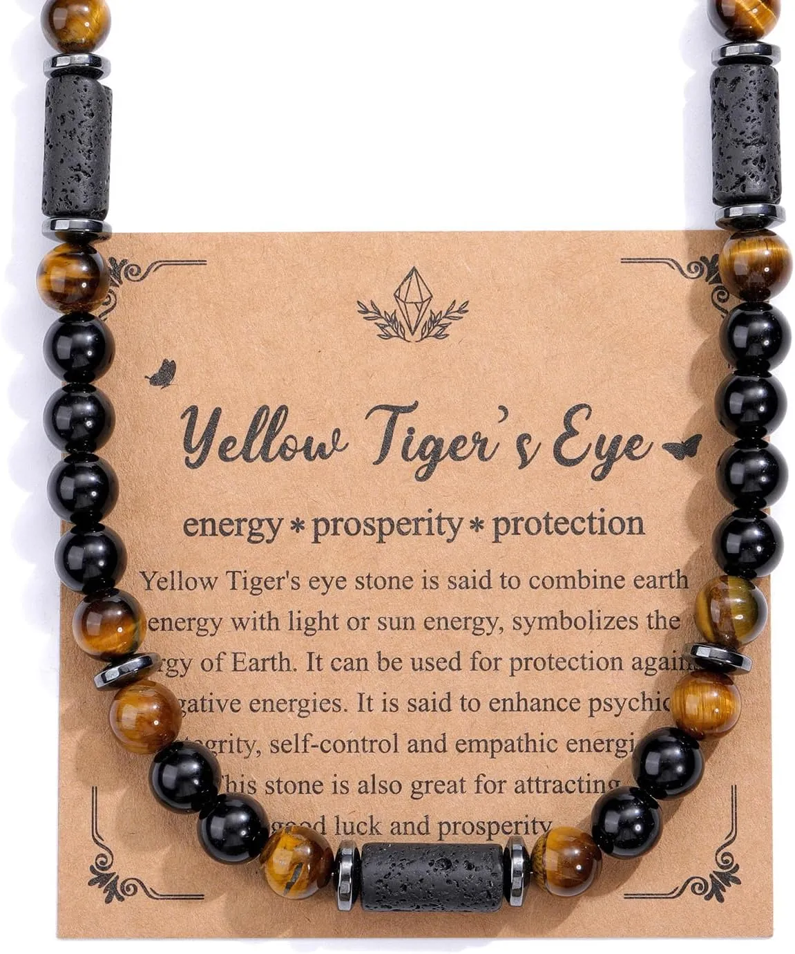 Top Plaza Men's Tiger Eye Lava Stones Healing Crystal Necklace Handmade Gemstone Beaded Necklace for Men Stress Relief Balance Protection Jewelry Gifts