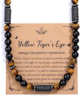 Top Plaza Men's Tiger Eye Lava Stones Healing Crystal Necklace Handmade Gemstone Beaded Necklace for Men Stress Relief Balance Protection Jewelry Gifts