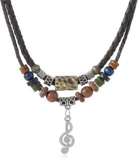 Women Men Leather Pendant Necklace of Vintage Tribal Style Charmful Hipppie Boho Double Layered Braided Beaded Pendant Necklace with Treble Clef Music Note Pendant