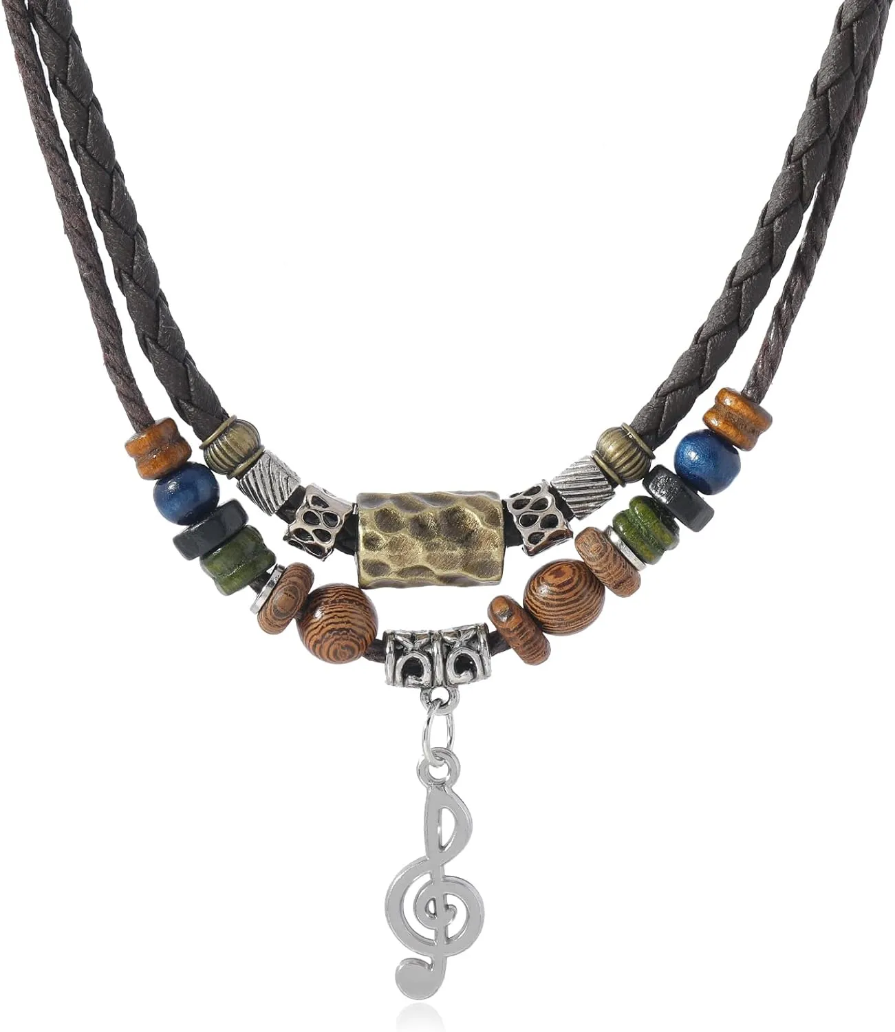 Women Men Leather Pendant Necklace of Vintage Tribal Style Charmful Hipppie Boho Double Layered Braided Beaded Pendant Necklace with Treble Clef Music Note Pendant