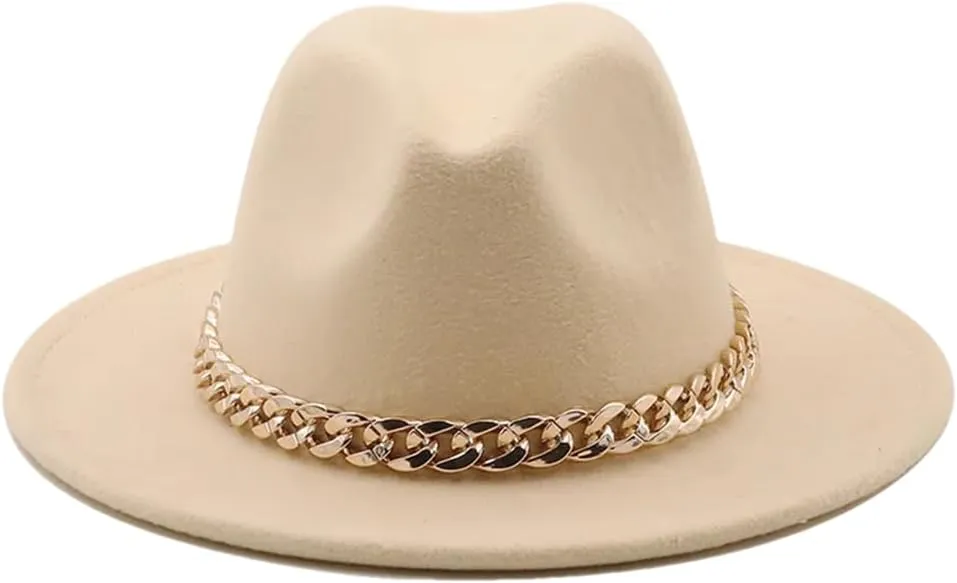 Women's Solid Fedora Hats Jazz Cap Women Men Wide Brim Thick Hats Beige 58-61CM