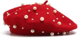 Women's Wool Berets Sweet French Pearl Beaded Beret Cap Winter Hat Knitted Beanie Hat for Girls