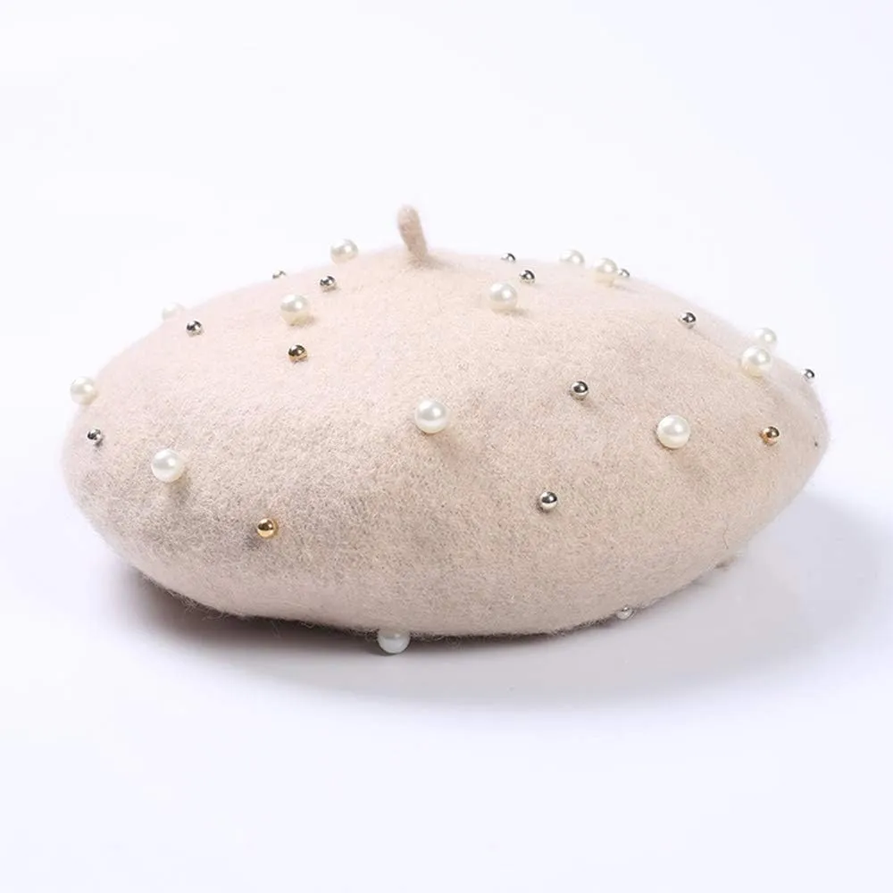Women's Wool Berets Sweet French Pearl Beaded Beret Cap Winter Hat Knitted Beanie Hat for Girls