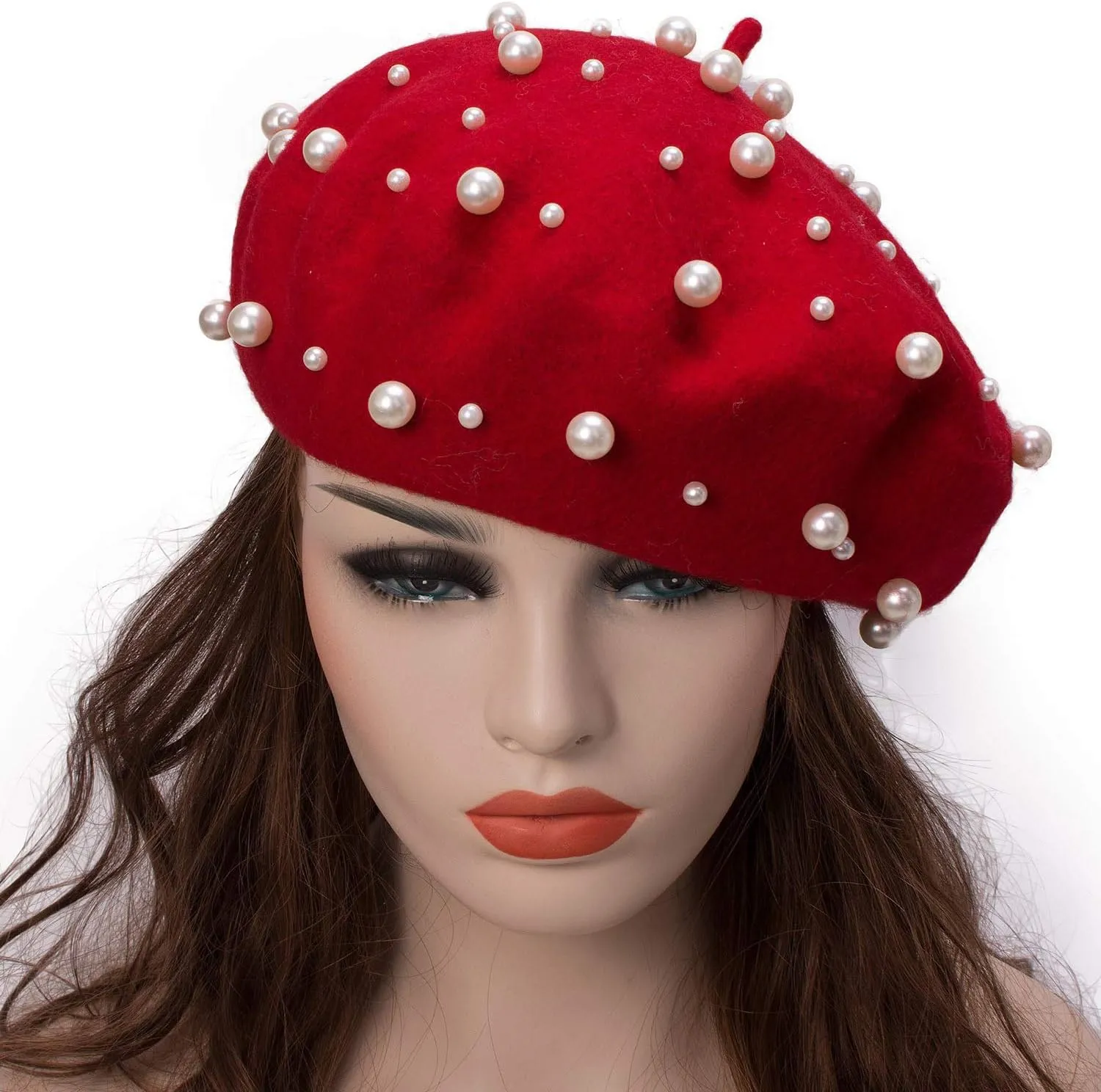 Women's Wool Berets Sweet French Pearl Beaded Beret Cap Winter Hat Knitted Beanie Hat for Girls