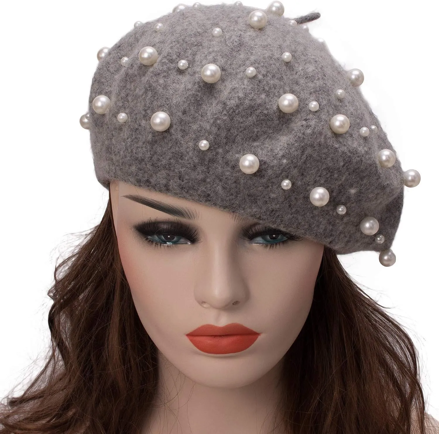 Women's Wool Berets Sweet French Pearl Beaded Beret Cap Winter Hat Knitted Beanie Hat for Girls