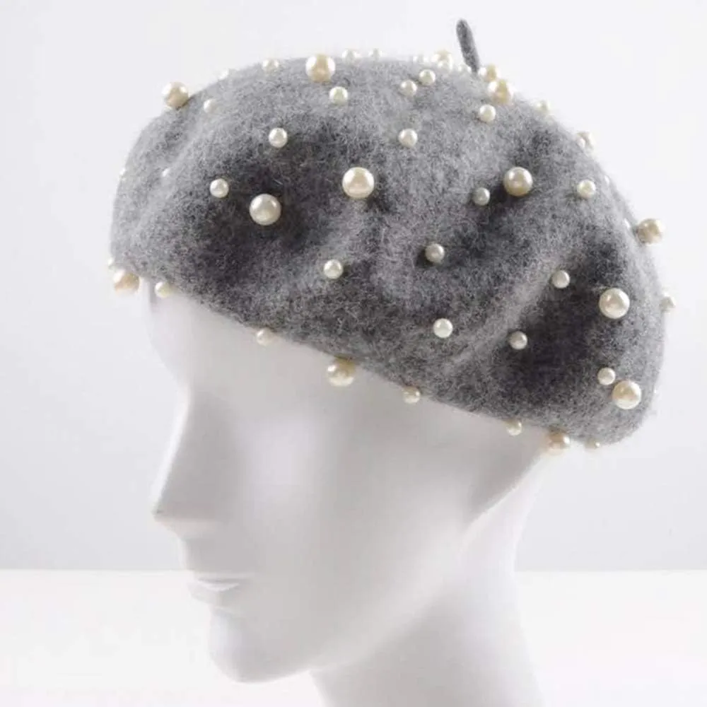 Women's Wool Berets Sweet French Pearl Beaded Beret Cap Winter Hat Knitted Beanie Hat for Girls