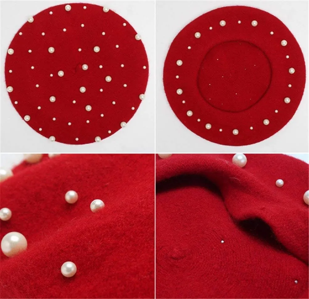 Women's Wool Berets Sweet French Pearl Beaded Beret Cap Winter Hat Knitted Beanie Hat for Girls