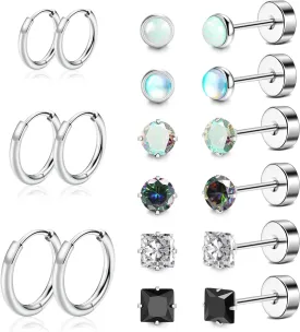 Yowivon Flat Back Stud Earrings Set Hypoallergenic Stainless Steel Cubic Zirconia Earrings Studs Small Cartilage Earring Pierced Earrings for Women Men Fashion Jewelry Gifts