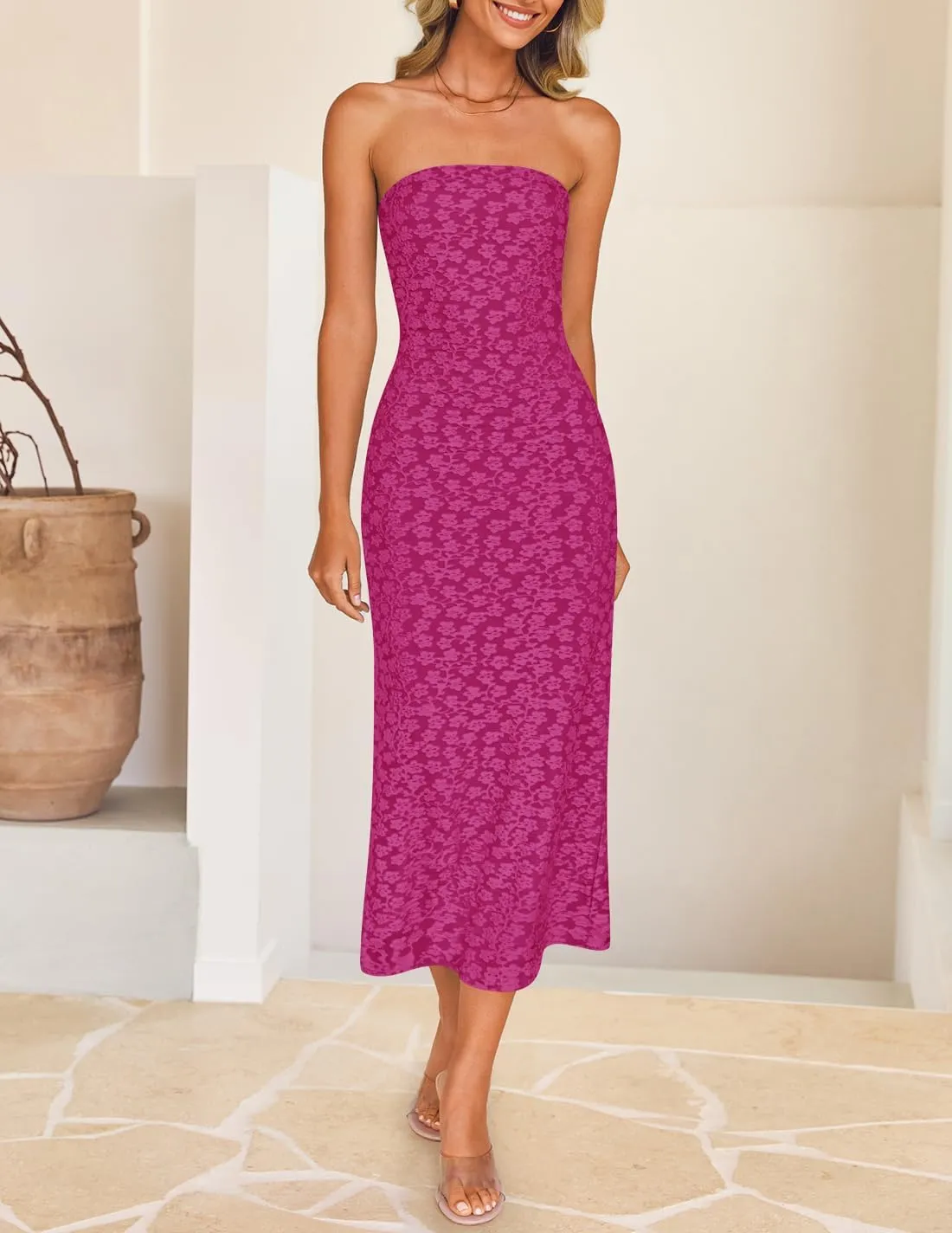 ZESICA Women's 2025 Summer Boho Floral Strapless Bodycon Dress Off Shoulder Tube Beach Party Long Midi Dresses