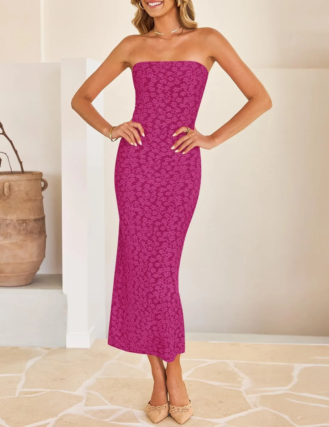 ZESICA Women's 2025 Summer Boho Floral Strapless Bodycon Dress Off Shoulder Tube Beach Party Long Midi Dresses