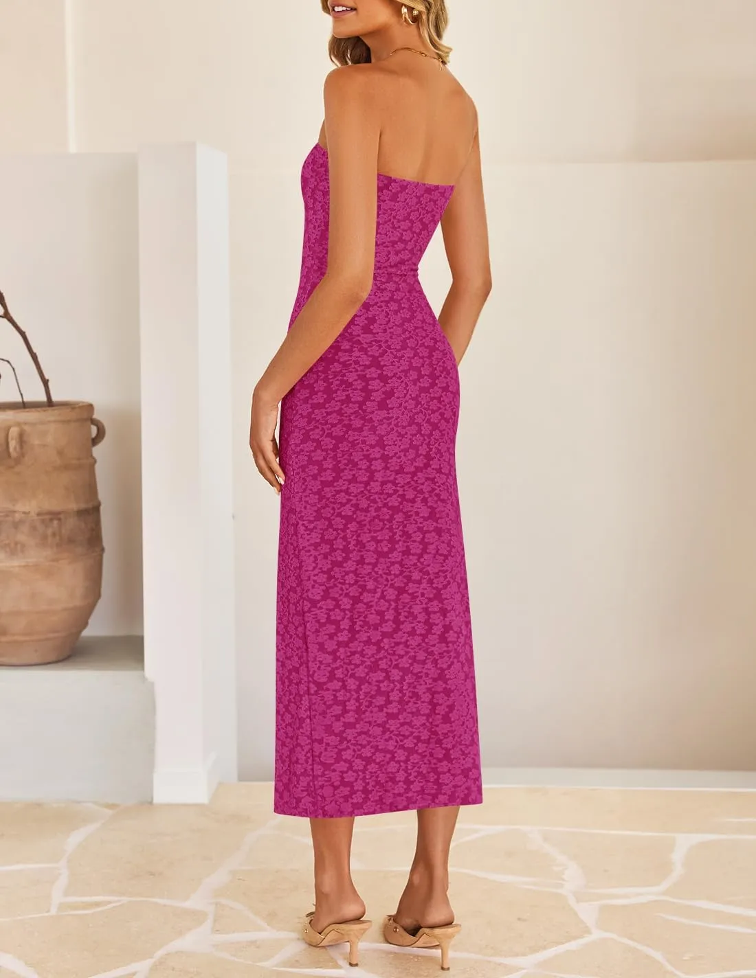 ZESICA Women's 2025 Summer Boho Floral Strapless Bodycon Dress Off Shoulder Tube Beach Party Long Midi Dresses
