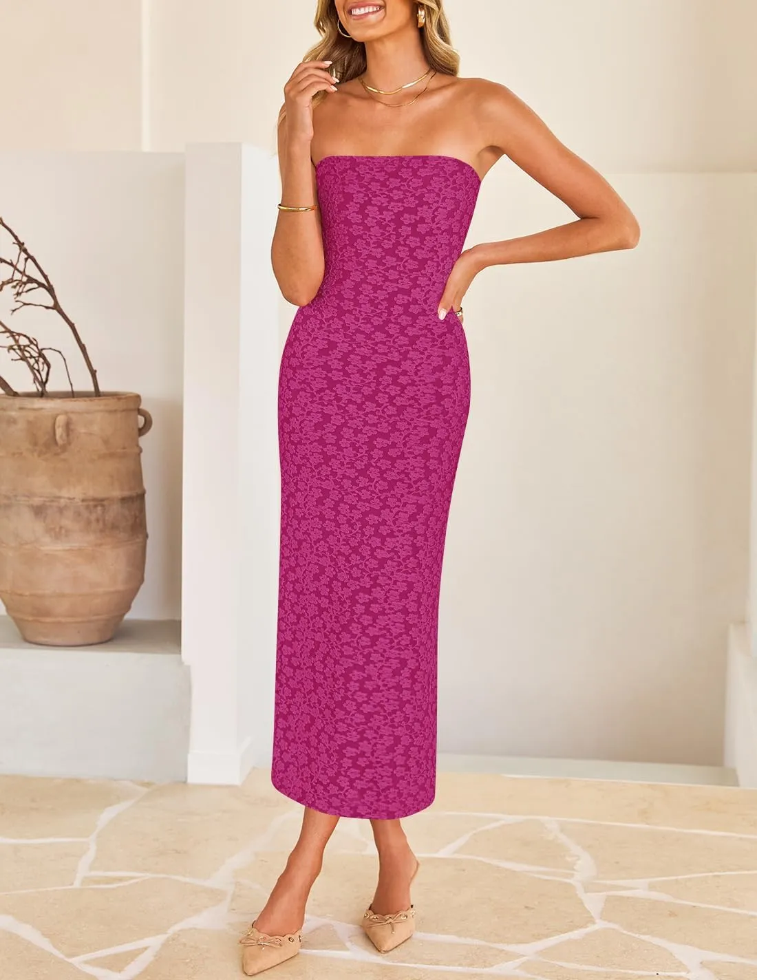 ZESICA Women's 2025 Summer Boho Floral Strapless Bodycon Dress Off Shoulder Tube Beach Party Long Midi Dresses